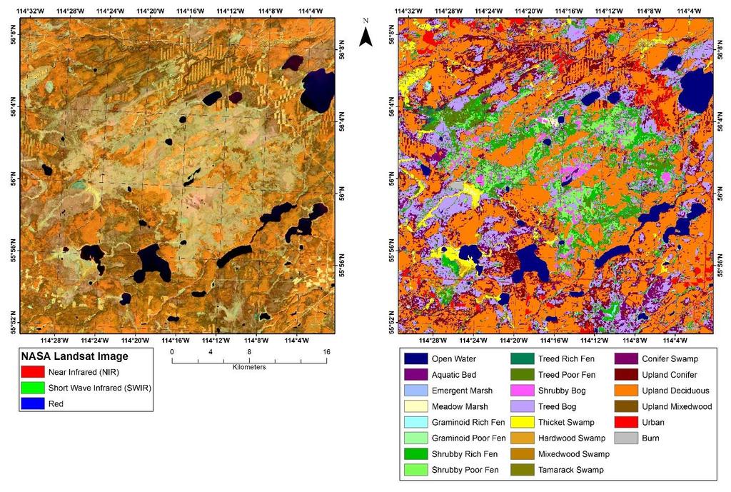 2.0 Methods Figure 2: Example of a false color Landsat satellite image acquired over Alberta, Canada (left) used to develop a DUC digital wetland inventory (right).