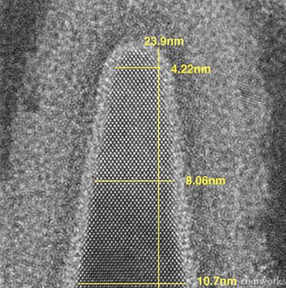 Figure 9: TEM Image of Intel FINFET Transistor How many atoms across is the feature where it is 4.