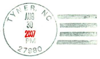 Tyner (Cont.) 7 32 mm Black Self-Inking Postmarker (27980) 30 Aug 2007 Wardville Allen C.