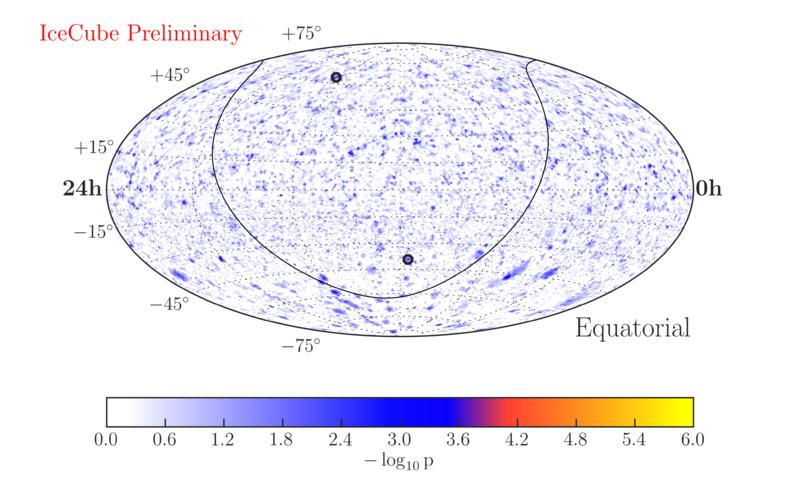 Figure 3: 7 year + MESE SkyMap in equatorial coordinates. The plot shows pre-trial p-values for all spots in the sky except for a declination region of 5 degrees around the poles.