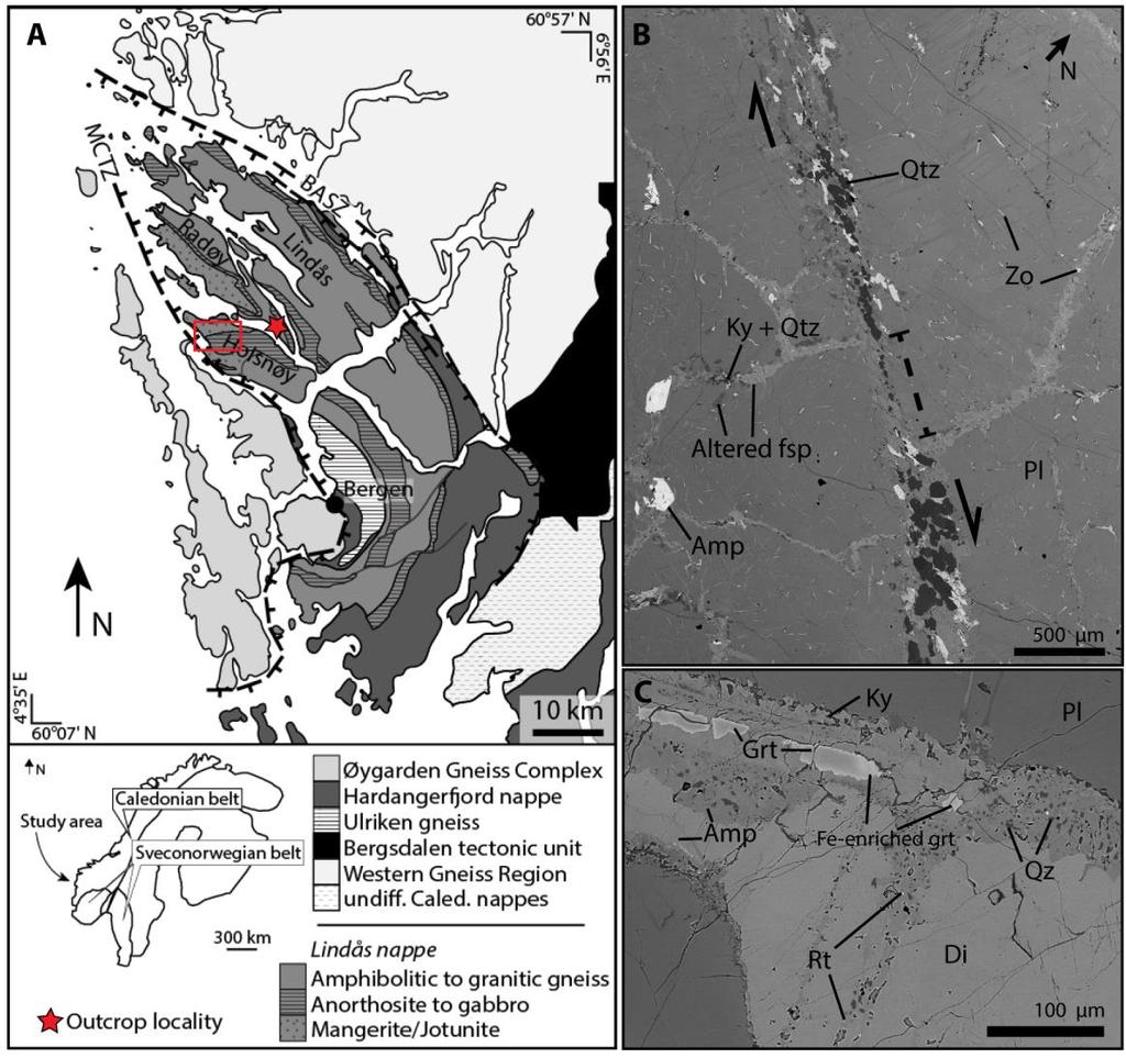 Figure DR1 Study locality and details of alteration (A) Sample location (red star) at Radøy in the Lindås Nappe of the Bergen Arc, Western Norway.