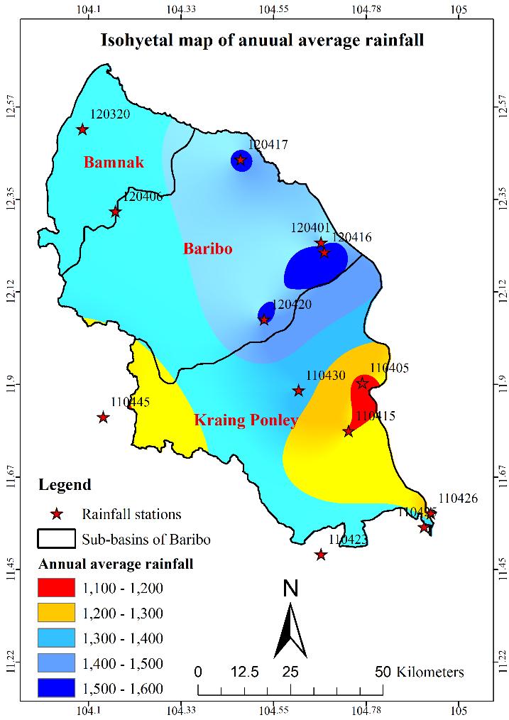 Rainfall (mm) Rainfalll (mm) Rainfall (mm) show the values of the annual rainfall of each station in the three sub-basins.
