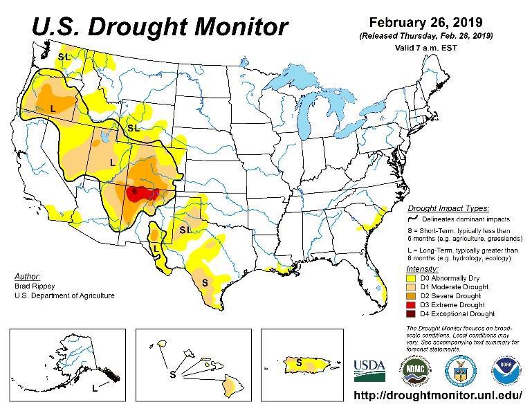 Figure 3 Current US Drought Monitor and seasonal drought outlook.