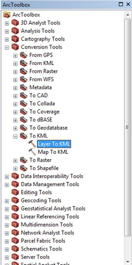 Layer to KML dialog o Layer: Cities o Output File: Cities.kmz (make sure to save under GoogleEarth folder) o Check Clamped features to ground (optional) o OK.