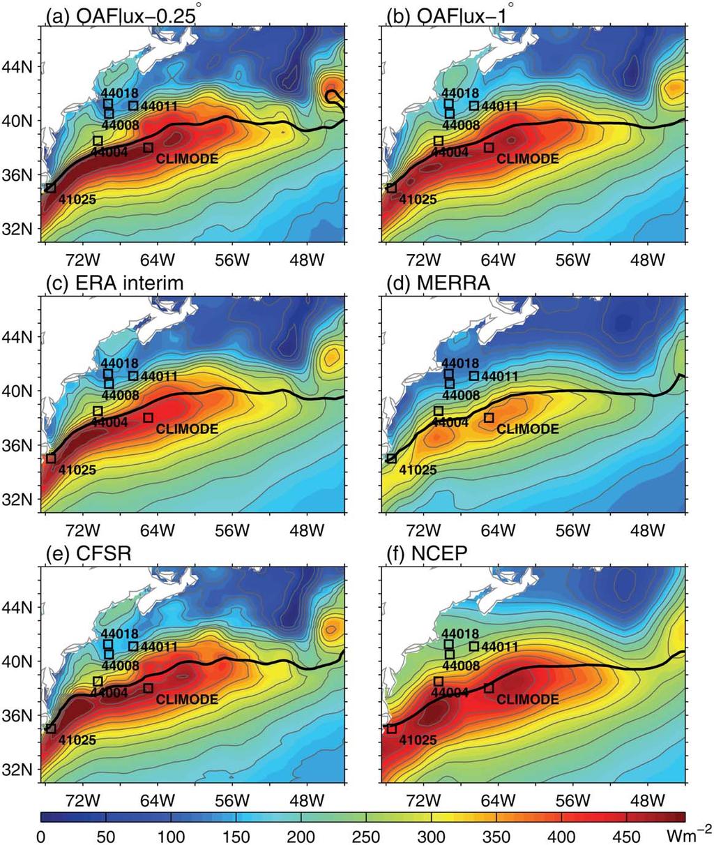 Figure 2. Winter-mean LH þ SH in the Gulf Stream region from (a) OAFlux-0.25, (b) OAFlux-1, (c) ERA interim, (d) MERRA, (e) CFSR, and (f) NCEP1.