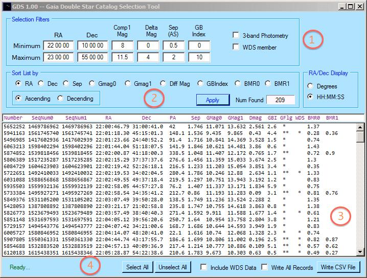 Page 289 Figure 1 Snapshot of the GDS 1.0 application The minimum value for Sep results both from the GDS catalog and from our instrumentation (0.4" in theory for an 11" telescope, 0.5" in practice).