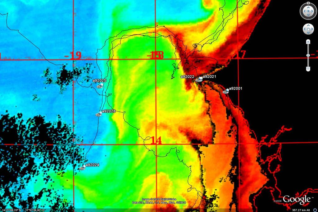 Figure 3. MODIS image of sea surface chlorophyll concentration on 19 February 2010 (blue and red colors correspond to low and high values of <Chl>, respectively) with superimposed drifter tracks.