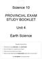 Science 10 PROVINCIAL EXAM STUDY BOOKLET. Unit 4. Earth Science